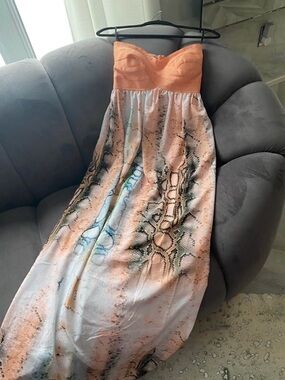 WOW couture Peach Strapless Maxi Dress with Snake-Print Skirt